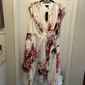 Donna Karan Cream Midi Wrap Dress with Pink Floral Print